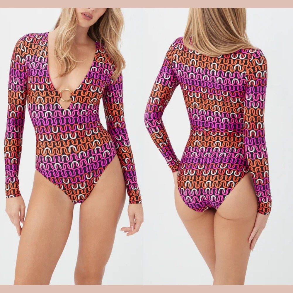 NEW $182 Trina Turk [ Medium ] Echo Long Sleeve Ring One‎ Piece Swimsuit 6936